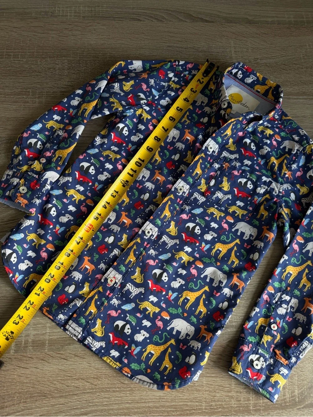 Mini Boden Navy Shirt with Colorful Animal Print 7-8